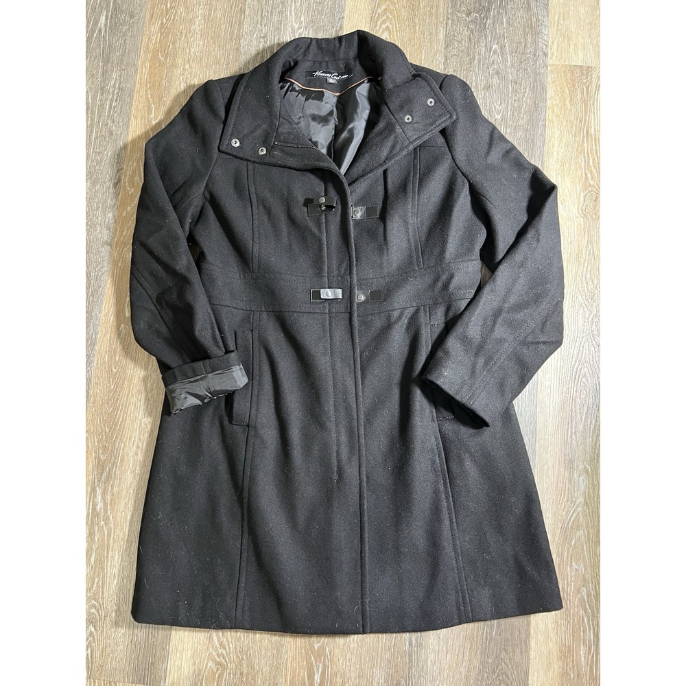 Kenneth Cole black wool blend peacoat with faux fur trim size 12